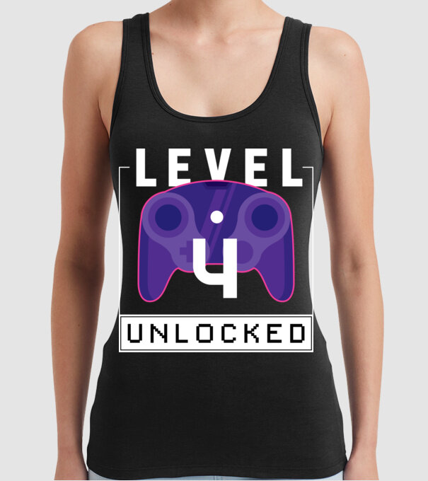 Level 4 Unlocked Gamer Birthday model negru pe tricou