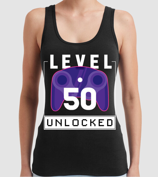 Level 50 Unlocked Gamer Birthday model negru pe tricou