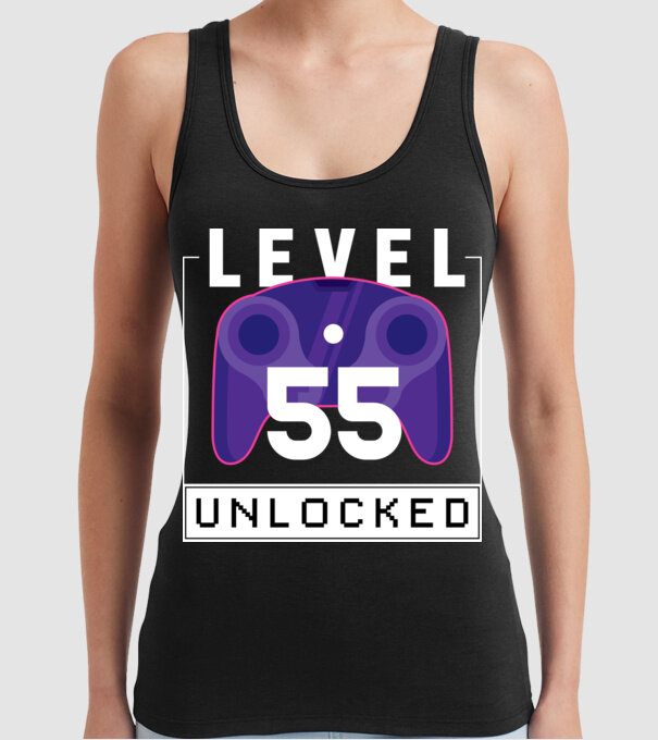 Level 55 Unlocked Gamer Birthday model negru pe tricou
