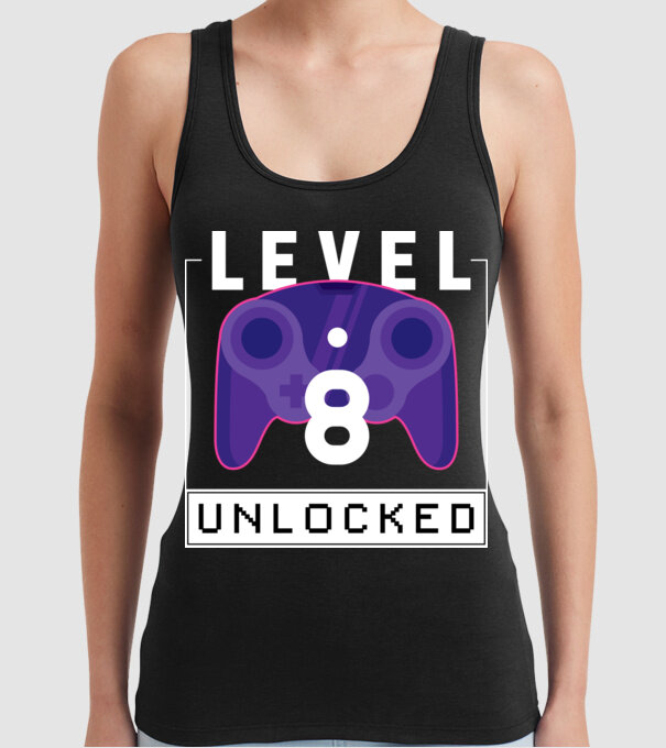 Level 8 Unlocked Gamer Birthday model negru pe tricou