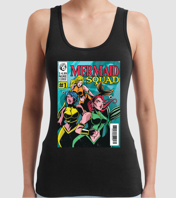benzi desenate Mermaid Squad model negru pe tricou