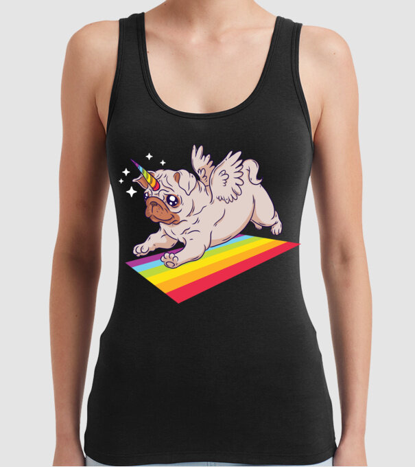 Mops unicorn model negru pe tricou
