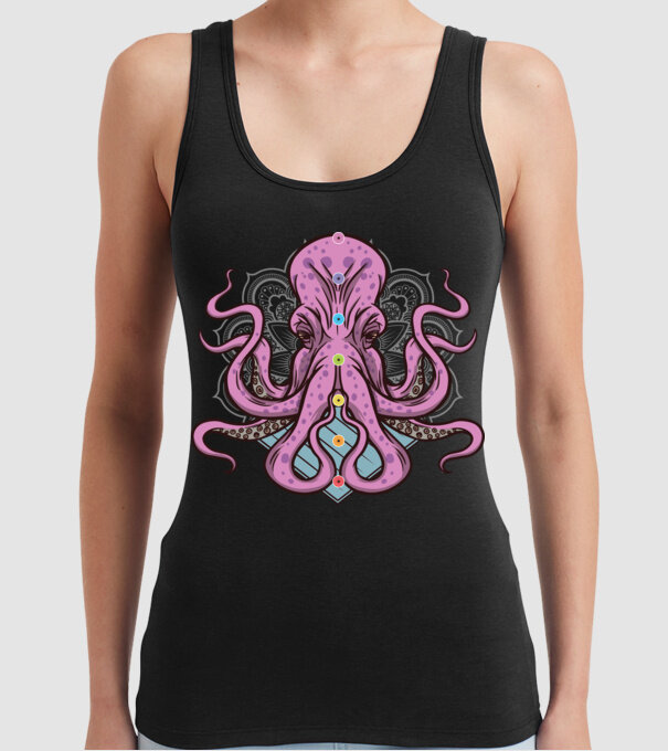 Yoga Octopus model negru pe tricou