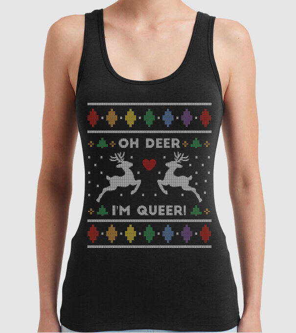 'Oh Deer, I''m Queer Ugly Sweater' model negru pe tricou