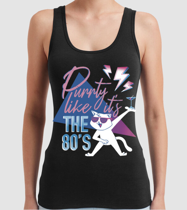 'Purrty Like it''s the 80''s' model negru pe tricou