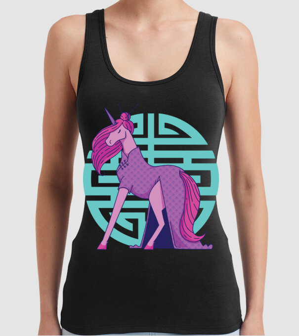 Qipao unicorn model negru pe tricou