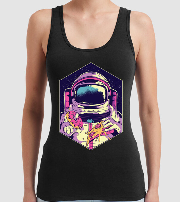 Astronaut Gogoașă și Pizza model negru pe tricou