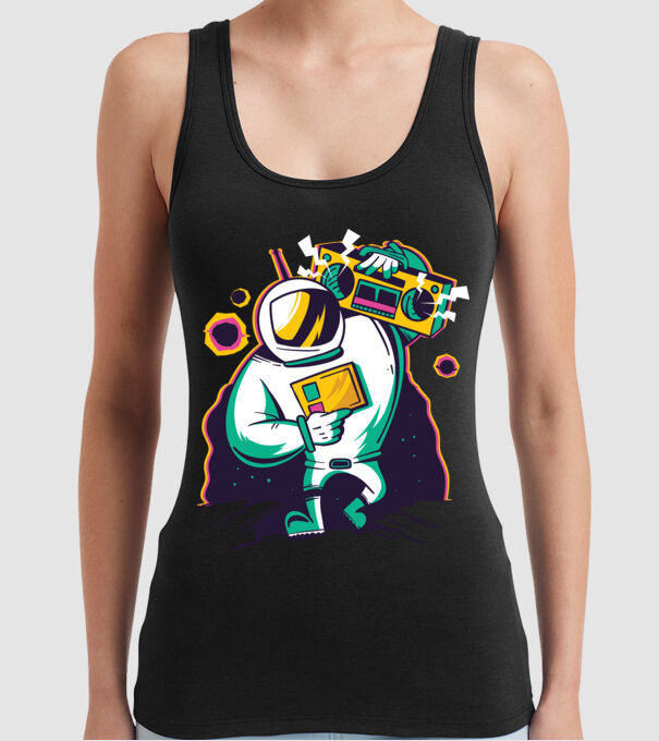Astronaut cu casetofon model negru pe tricou