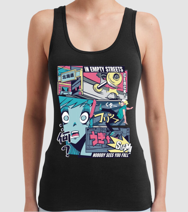 Anime Vaporwave Benzi desenate Skateboard model negru pe tricou