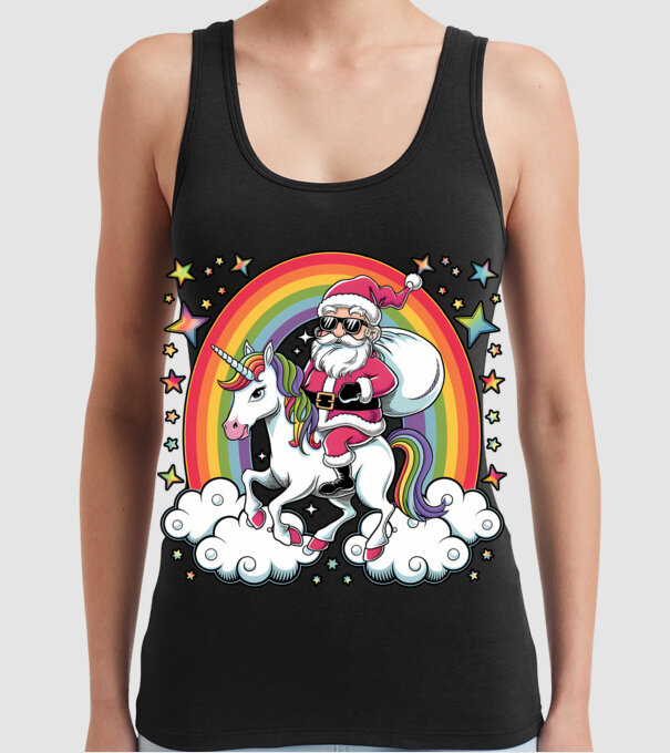 Moș Crăciun cool pe un unicorn model negru pe tricou