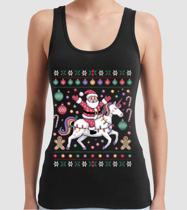 Moș Crăciun pe un pulover urât unicorn model negru pe tricou