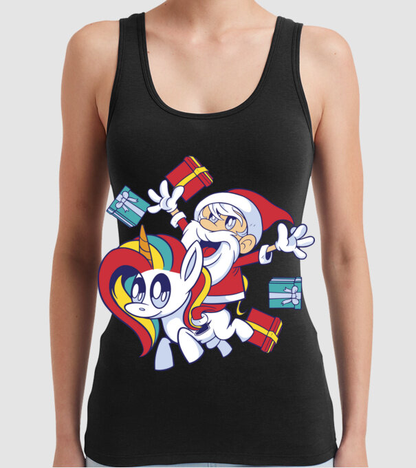Moș Crăciun pe un unicorn model negru pe tricou