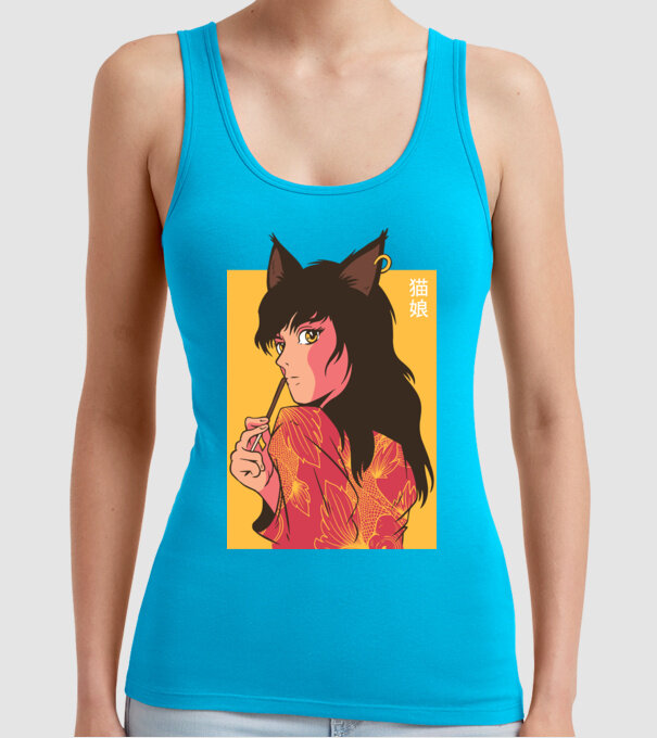 Pisică Fată Anime model turcoaz pe tricou