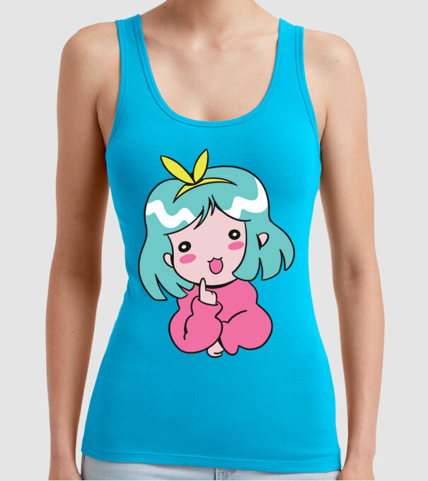 Fetiță drăguță Anime model turcoaz pe tricou