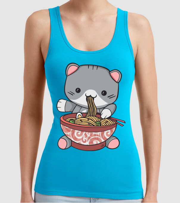 Pisică Kawaii Ramen model turcoaz pe tricou