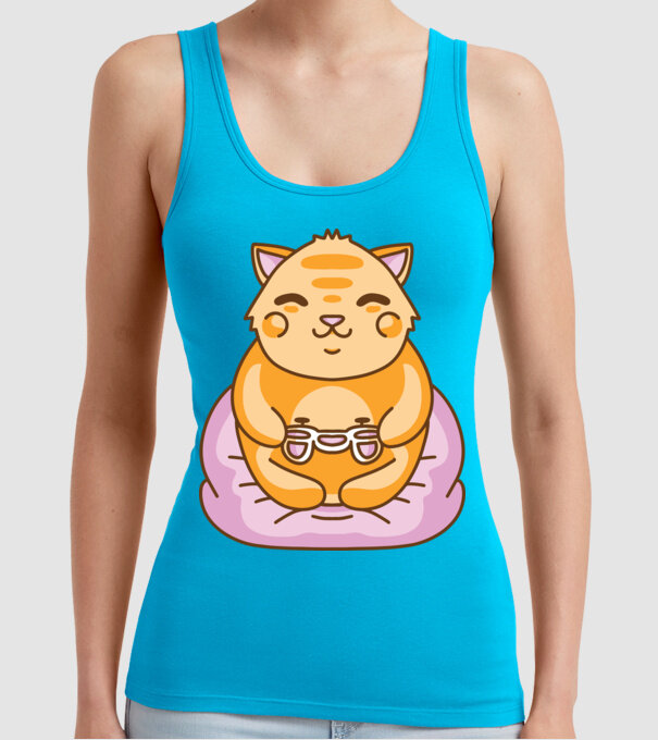 Pisică Gamer Kawaii model turcoaz pe tricou