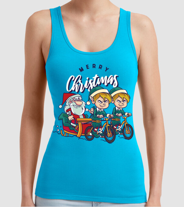 Merry Christmas Moș Crăciun cu sanie cu bicicletă model turcoaz pe tricou