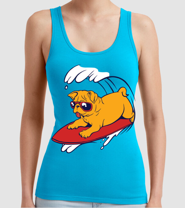 Mops Surf model turcoaz pe tricou