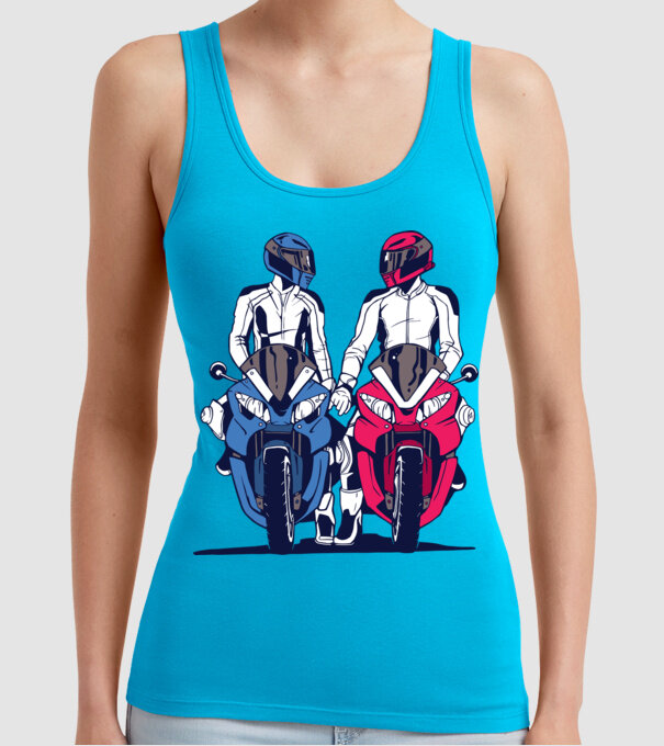 Cuplu de motocicliști model turcoaz pe tricou