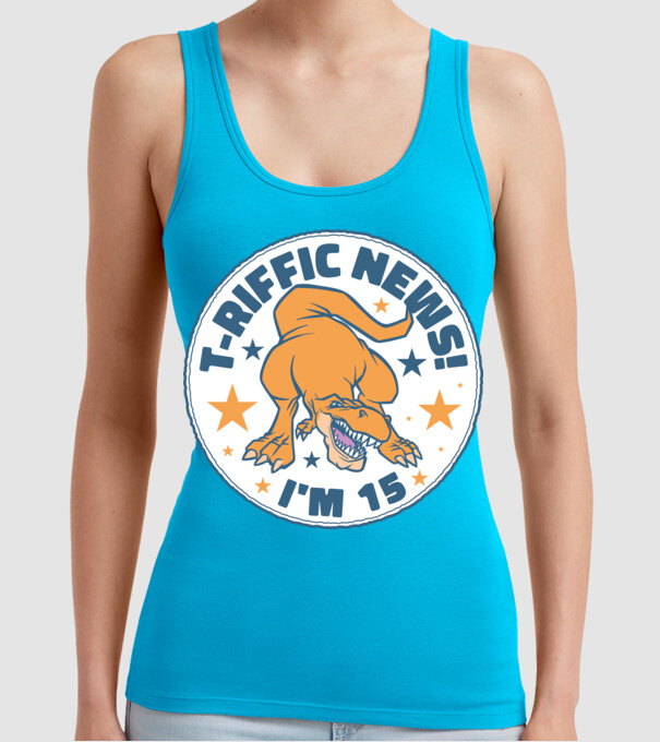 'T-rex Terrific news i''m 15' model turcoaz pe tricou