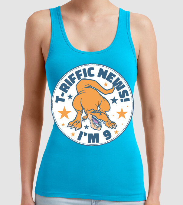 'T-rex Terrific news i''m 9' model turcoaz pe tricou