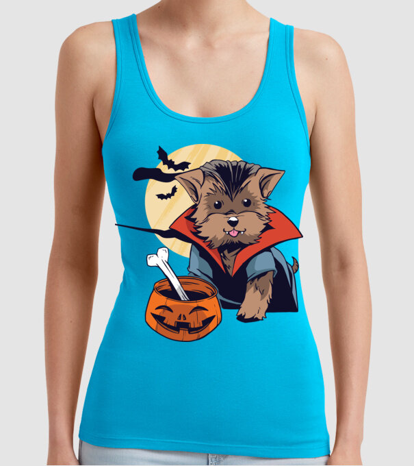 Vampir Yorkie Halloween model turcoaz pe tricou