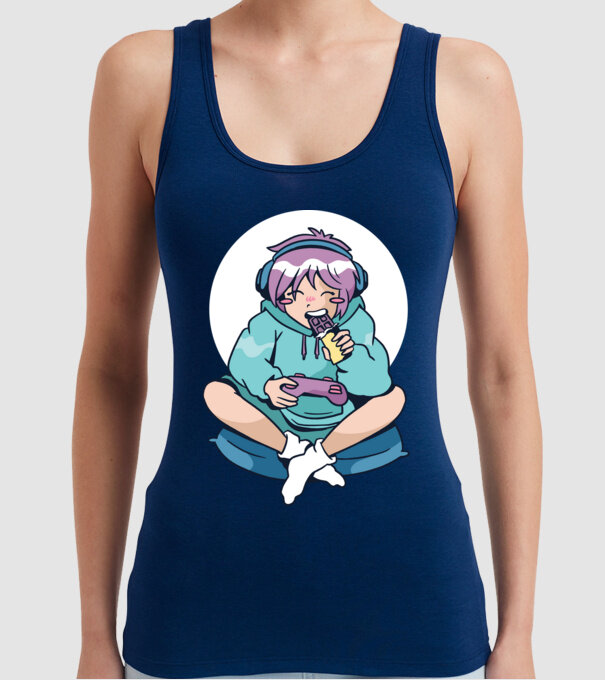 Anime Gamer Fată cu ciocolată model albastru închis pe tricou