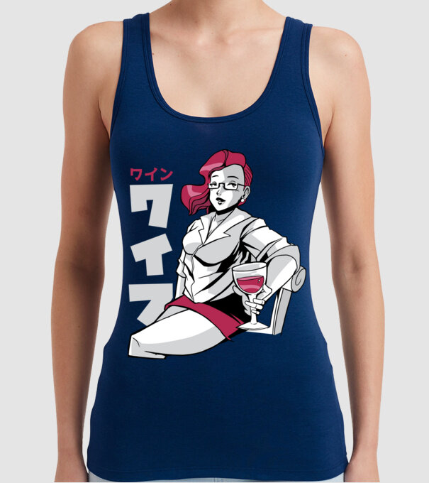 Anime fată cu vin model albastru închis pe tricou