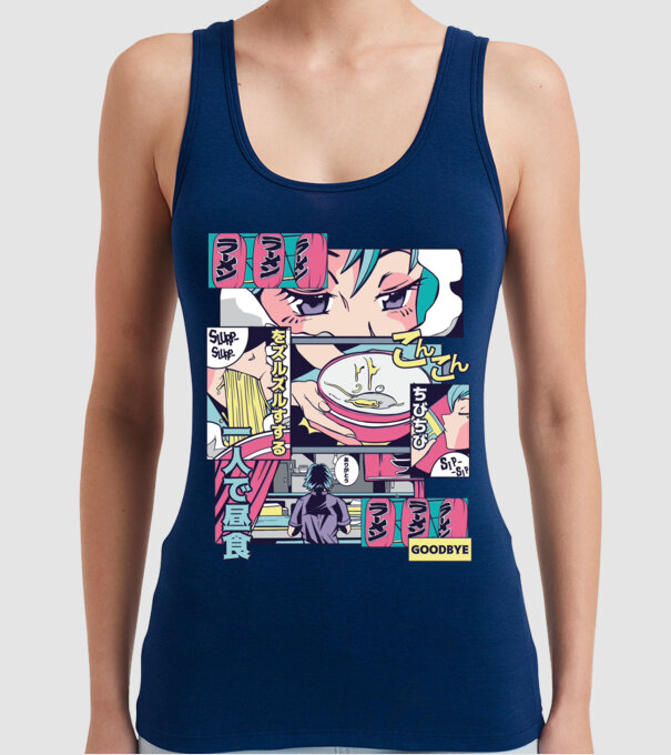 Anime Vaporwave Ramen model albastru închis pe tricou