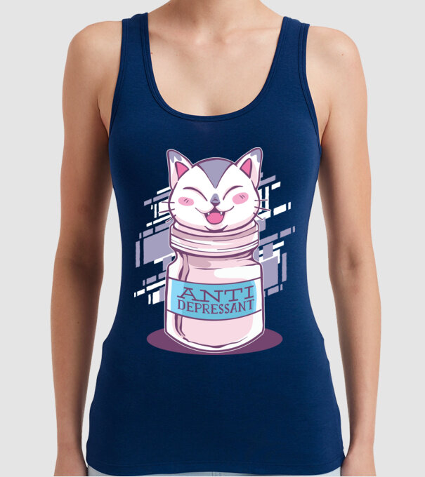 Tabletă antidepresivă pisică model albastru închis pe tricou