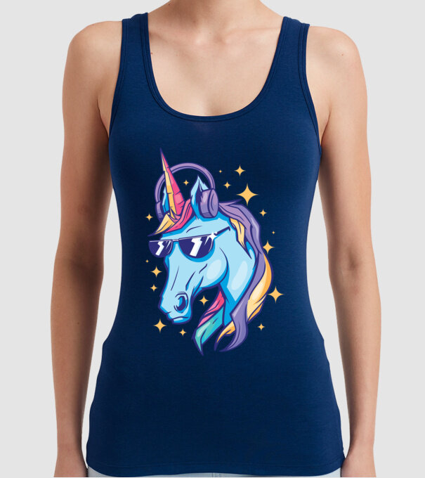 Unicorn strălucitor cu căști model albastru închis pe tricou