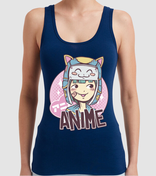 Fată drăguță Anime model albastru închis pe tricou