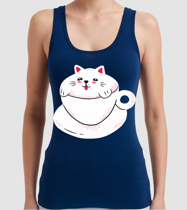 Tricou cafea cu pisică drăguță model albastru închis pe tricou