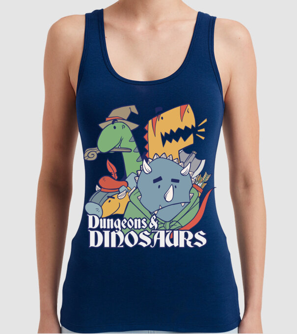 Dungeons and Dinosaurs model albastru închis pe tricou