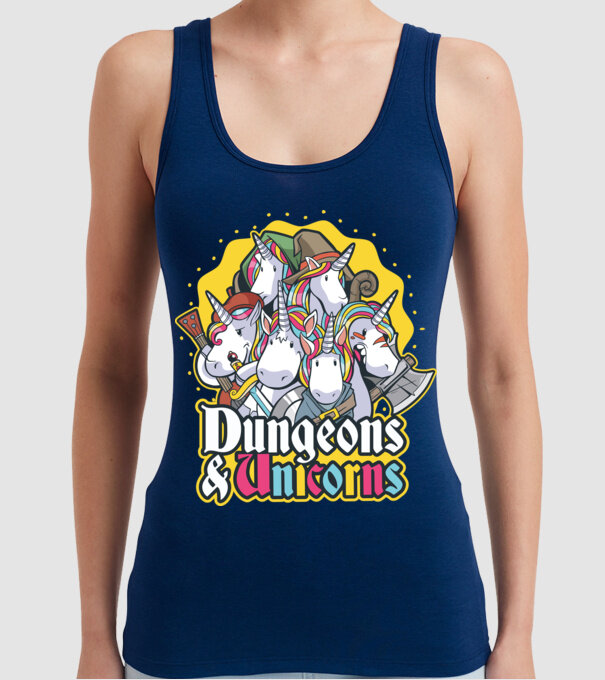 Dungeons and Unicorns model albastru închis pe tricou