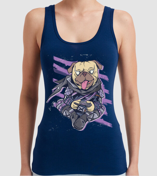 Mops Gamer model albastru închis pe tricou
