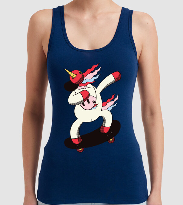 Skateboarder Unicorn DAB model albastru închis pe tricou