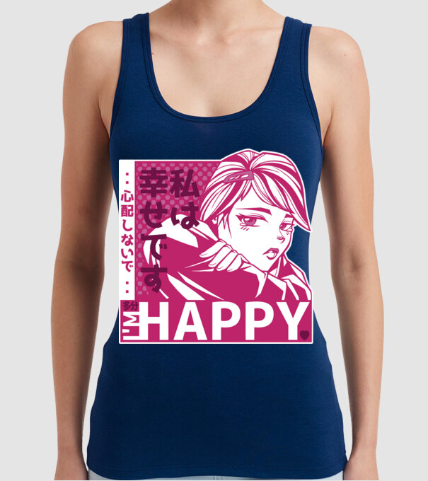 'I''m happy fată Anime antisocială' model albastru închis pe tricou