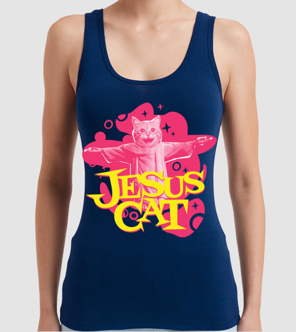 Jesus Cat model albastru închis pe tricou