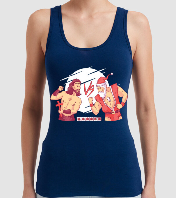 Isus vs Moș Crăciun Street Fighter tricou amuzant Crăciun model albastru închis pe tricou