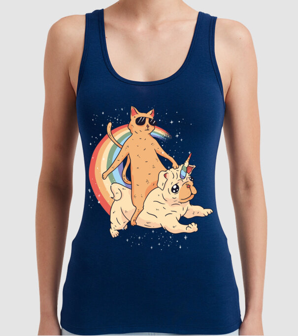 Pisică și Mops unicorn model albastru închis pe tricou