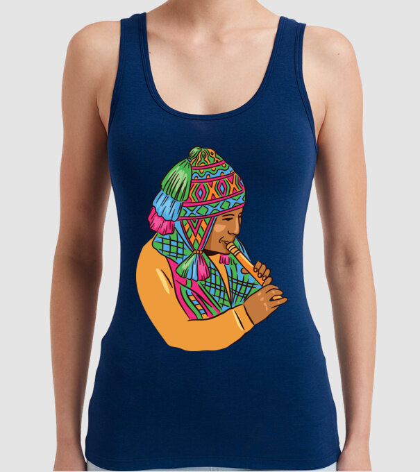 Muzician peruan indigen model albastru închis pe tricou