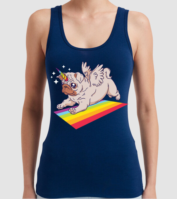 Pugicorn - mops unicorn model albastru închis pe tricou