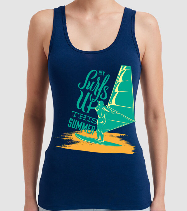Surfs up this summer model albastru închis pe tricou