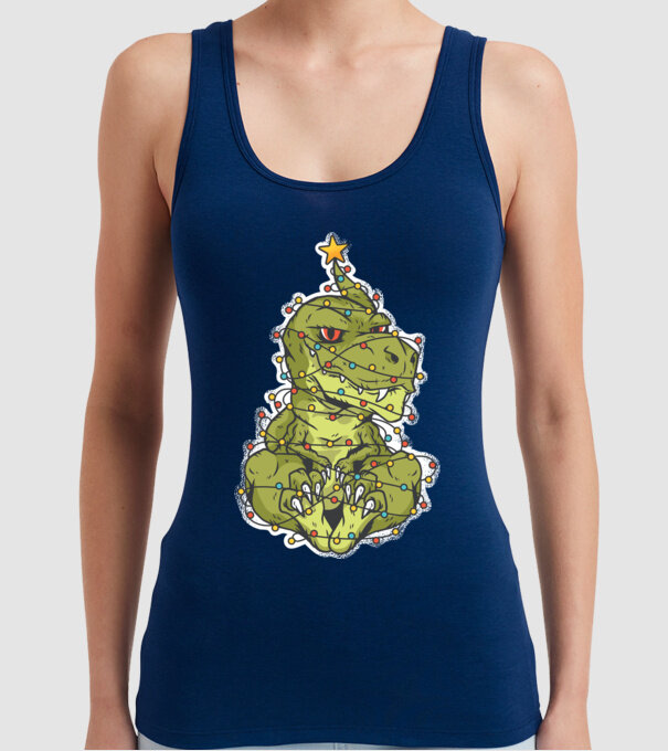 Dinozaur T-rex Pom de Crăciun tricou model albastru închis pe tricou