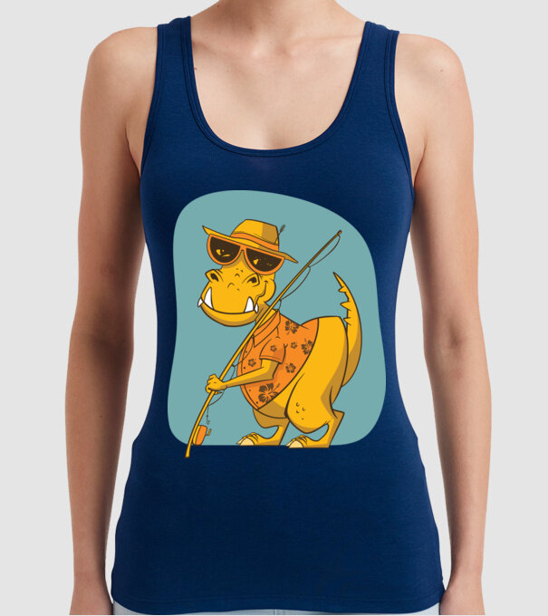 T-rex Pescar model albastru închis pe tricou