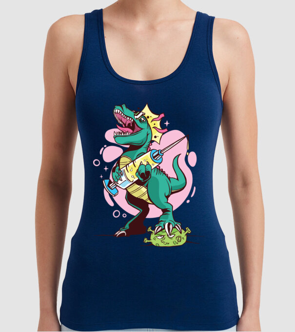 T-rex Vaccin model albastru închis pe tricou