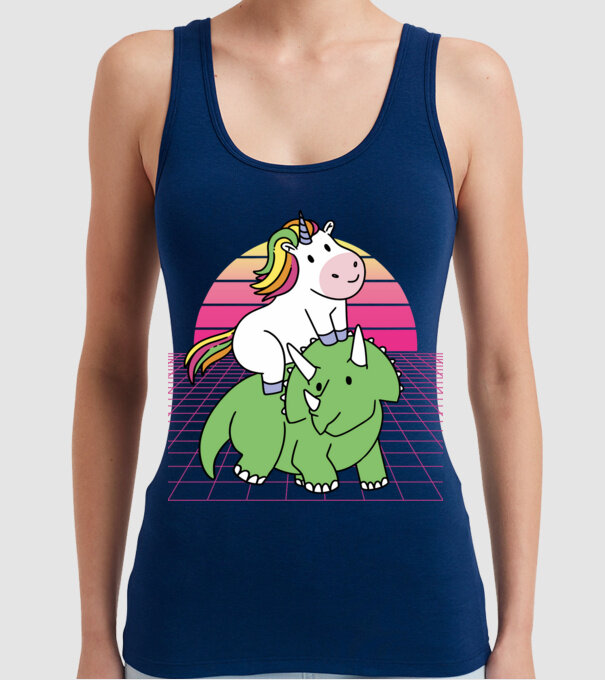 Unicorn pe dinozaur retro model albastru închis pe tricou