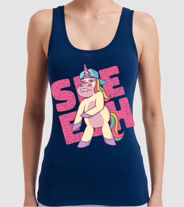 Unicorn Shesh model albastru închis pe tricou