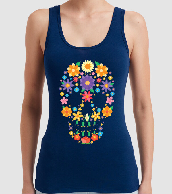 Craniu cu Flori model albastru închis pe tricou